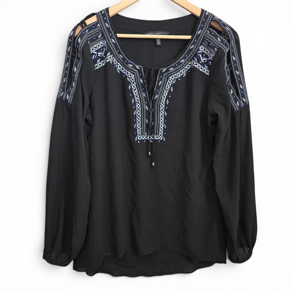 White House Black Market Top Womens 14 Black Embroidered Gauze Blouse Neck Tie